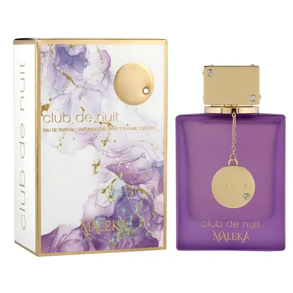 Perfumy Armaf Club de Nuit Maleka 105 ml w fioletowym flakonie z złotą zatyczką obok eleganckiego kartonika