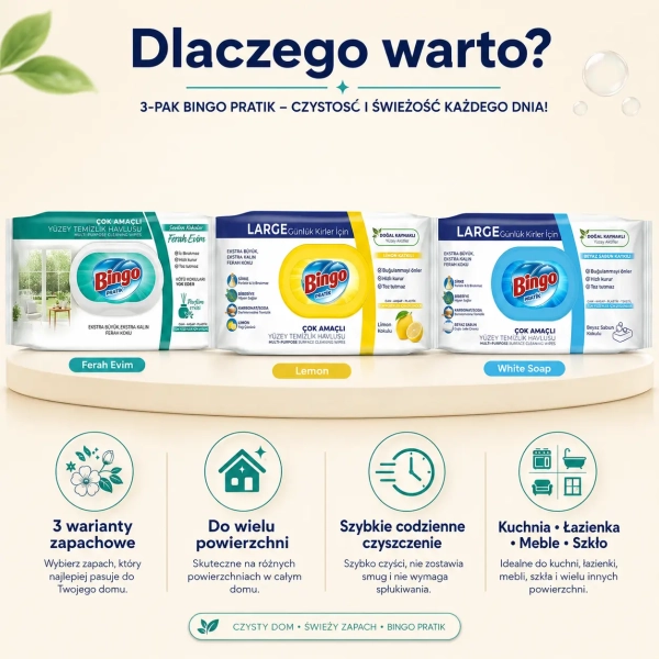 Czyszczenie blatu chusteczkami Bingo Pratik zestaw 3 wariantów