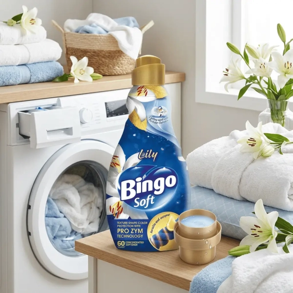 Pranie z płynem Bingo Soft Lily do płukania tkanin