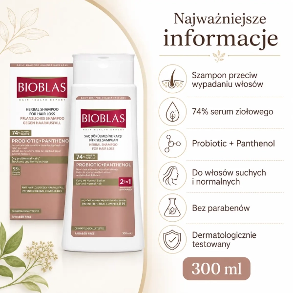 BIOBLAS szampon z probiotykiem pantenolem i 74 procent serum ziołowego