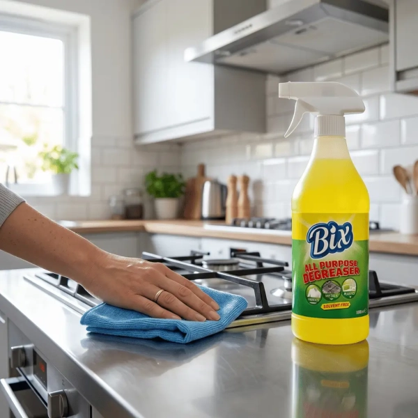 Czyszczenie tłuszczu w kuchni odtłuszczaczem Bix All Purpose Degreaser