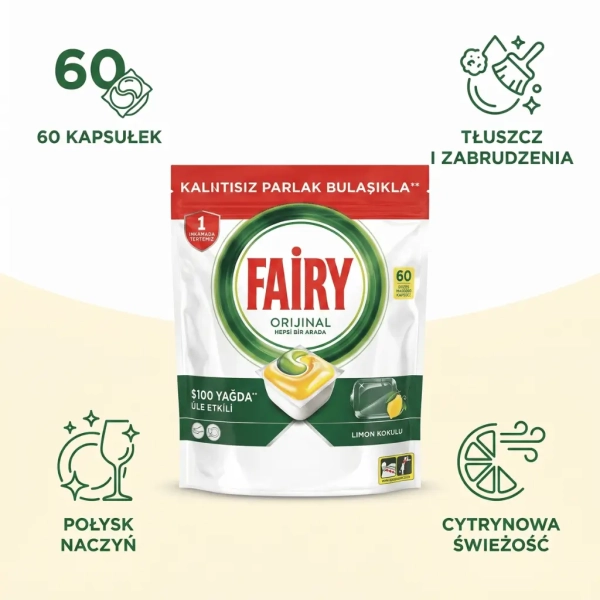 Fairy Original 60 kapsułek grafika informacyjna z korzyściami