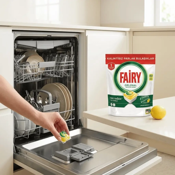 Dłoń wkłada kapsułkę Fairy Original do dozownika zmywarki