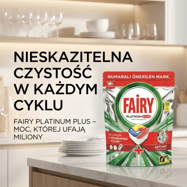 Fairy Platinum Plus 50 kapsułek grafika social media do zmywarki