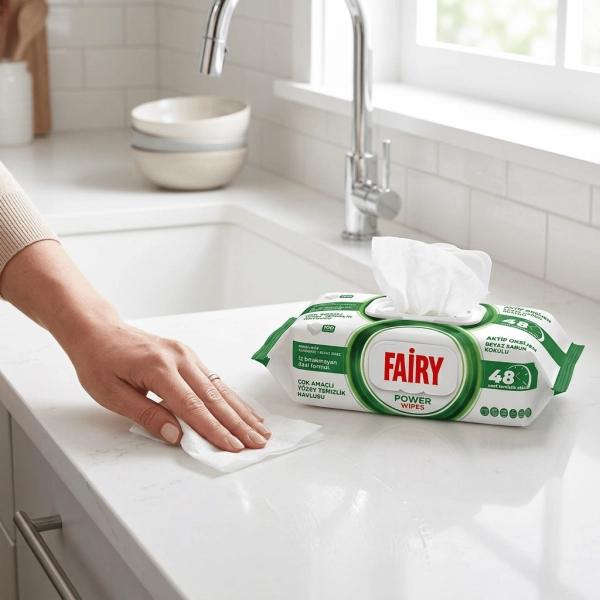 Czyszczenie blatu chusteczkami Fairy Power Wipes