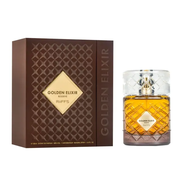 Golden Elixir RiiFFS 100 ml – orientalno drzewne perfumy unisex w złocisto-bursztynowym flakonie obok pudełka