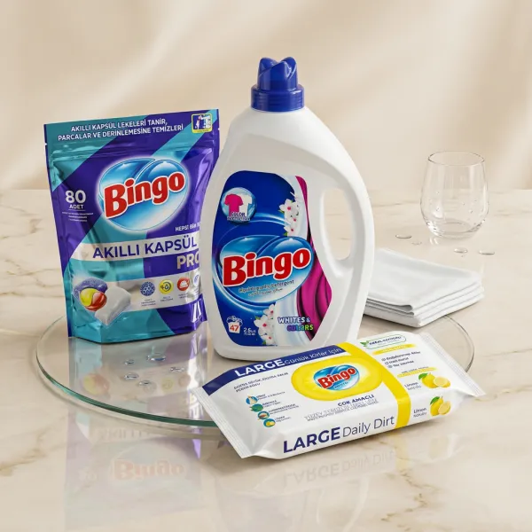Zestaw Bingo 3w1 kapsułki do zmywarki żel do prania i chusteczki cytrynowe chemia turecka Popey