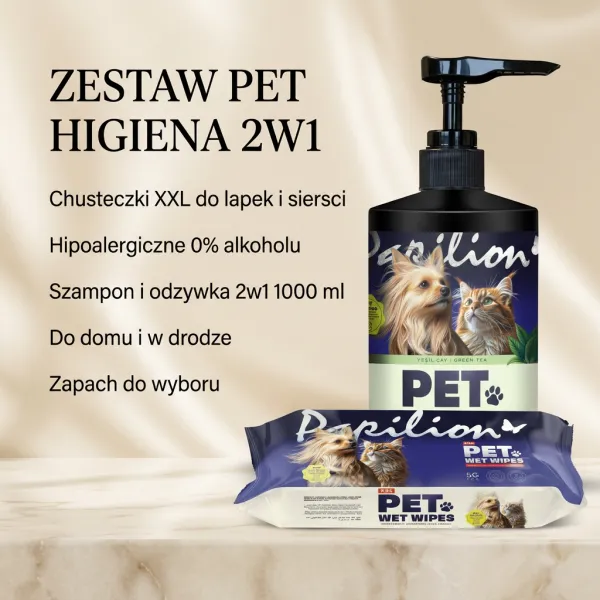 Zestaw Papillion PET Higiena 2w1 - Chusteczki XXL + Szampon 2w1 1L