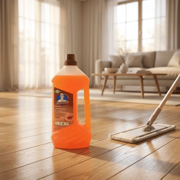 Mycie podłogi drewnianej płynem HighGenic Wooden Surface Parquet Cleaner