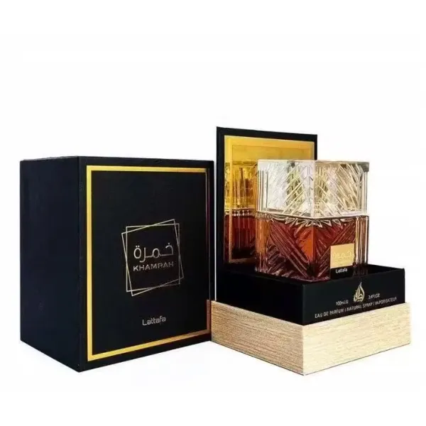 Lattafa Khamrah EDP 100 ml – orientalno-gourmandowy zapach z cynamonem, daktylami i wanilią w bursztynowym flakonie