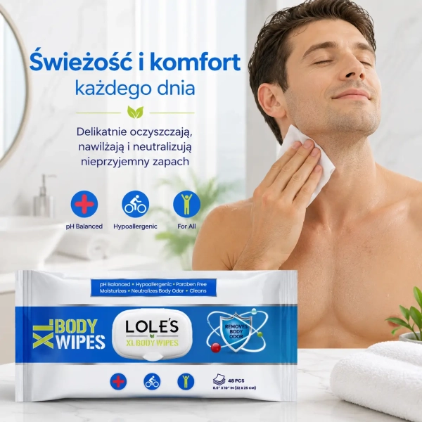 Lole’s XL Body Wipes 48 chusteczek o wymiarach 22 na 25 cm