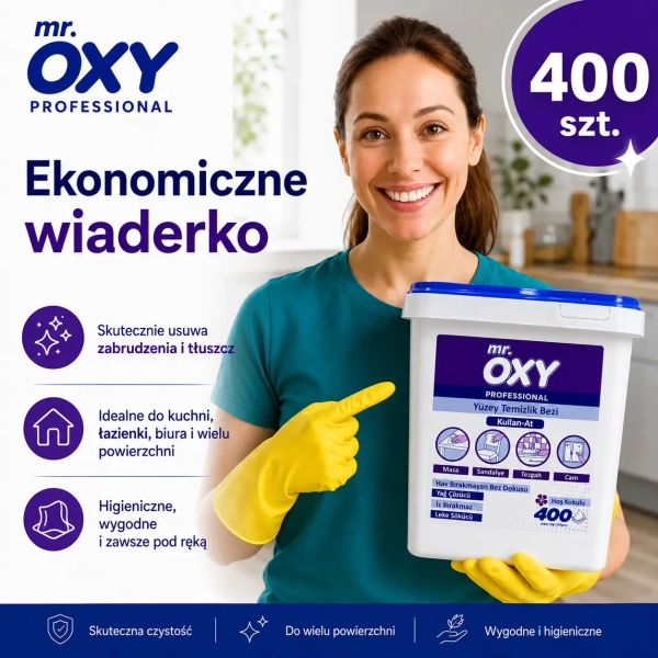 Kobieta prezentująca wiaderko chusteczek czyszczących Mr. OXY 400 sztuk