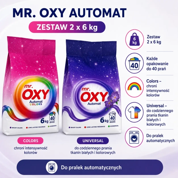 Zestaw proszków Mr. OXY Colors i Universal w domowej pralni