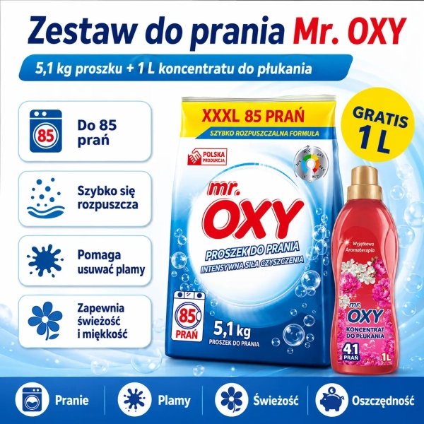 Zestaw Mr. OXY do 85 prań z proszkiem i koncentratem do płukania