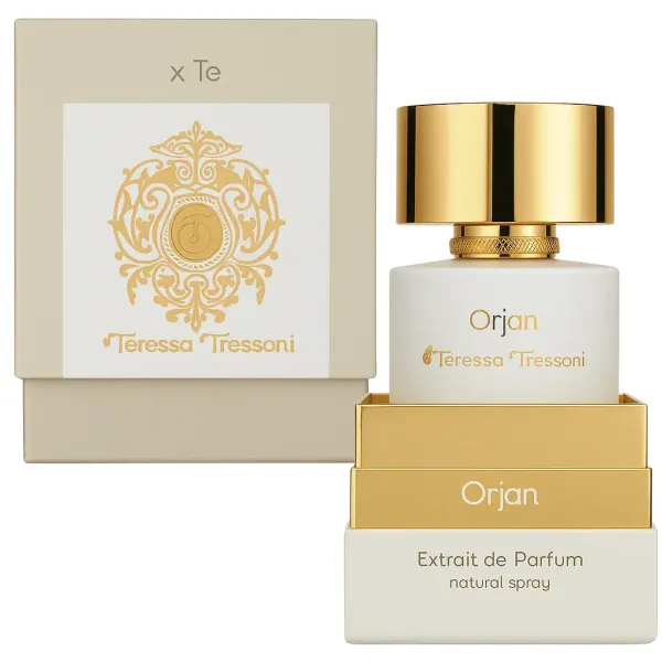 Biało-złoty flakon perfum Orjan Teressa Tressoni Extrait de Parfum 100 ml obok eleganckiego pudełka