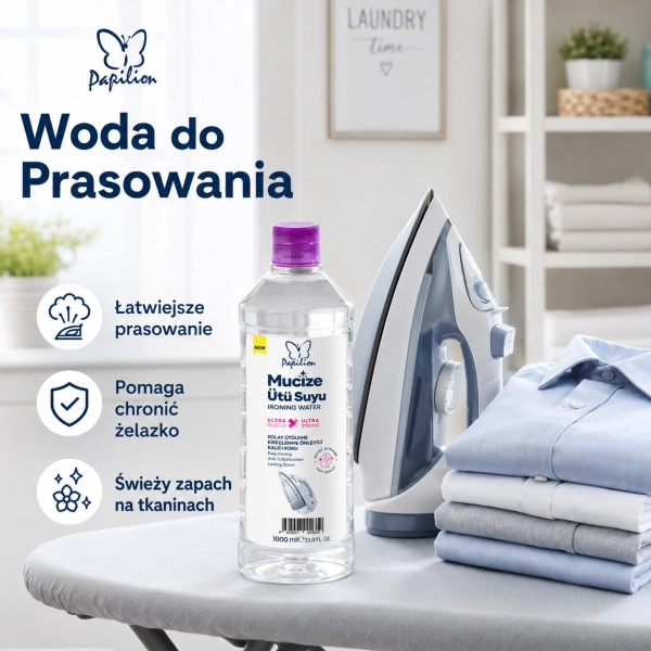 Papilion woda do prasowania obok żelazka parowego i wyprasowanych ubrań