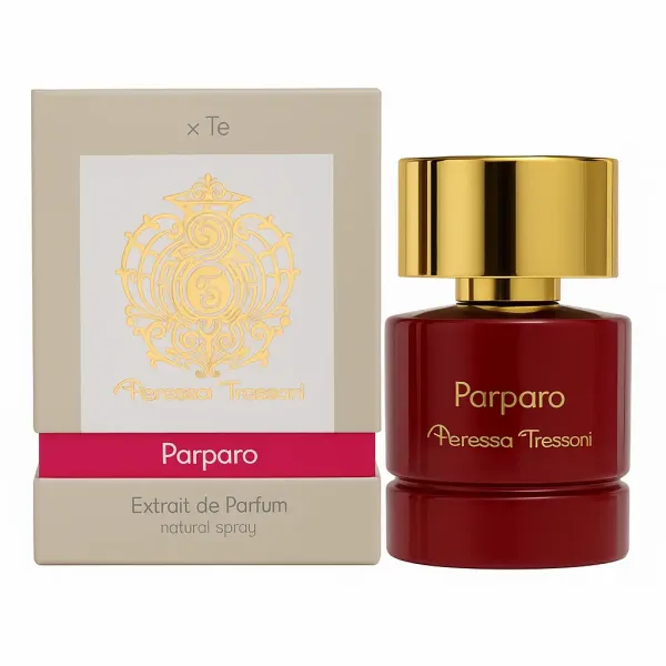 zerwony flakon Parparo Teressa Tressoni Extrait de Parfum 100 ml w złotej oprawie na tle pudełka