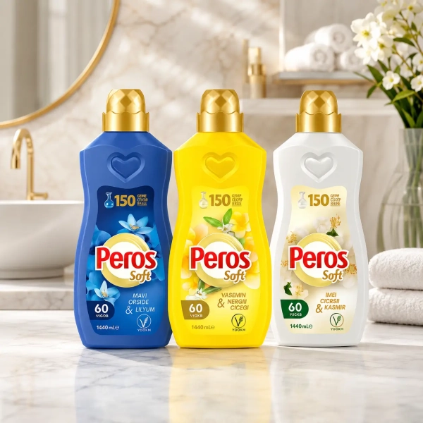 Peros Soft Trio płyny do płukania 3 razy 1,4L niebieski żółty biały chemia turecka