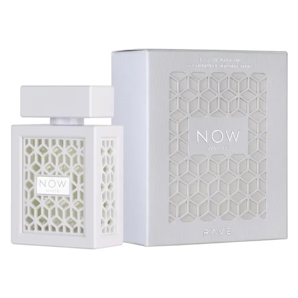 Perfumy RAVE Now White EDP unisex – flakon i kartonik w odcieniu bieli, ażurowy front, świeży zapach cytrusowo-kaszmirow