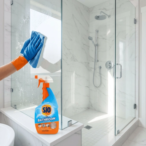 Czyszczenie kabiny prysznicowej sprayem SIO Bathroom Power Spray