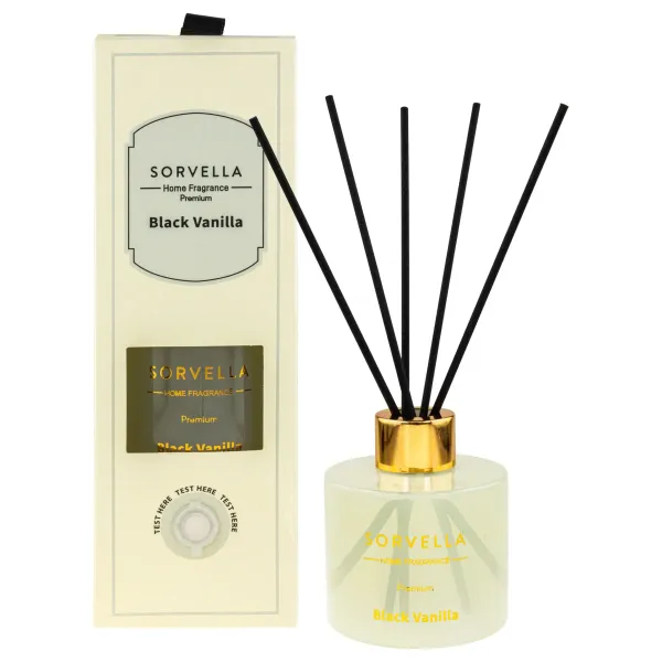 Sorvella Black Vanilla dyfuzor zapachowy premium z patyczkami, flakon i opakowanie