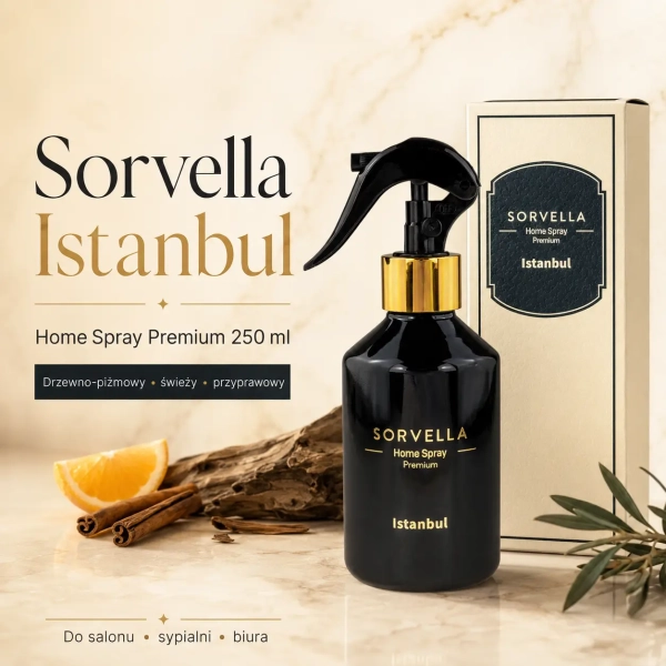 Sorvella Istanbul Home Spray Premium 250 ml perfumy do wnętrz w czarnej butelce z atomizerem i eleganckim kartonikiem