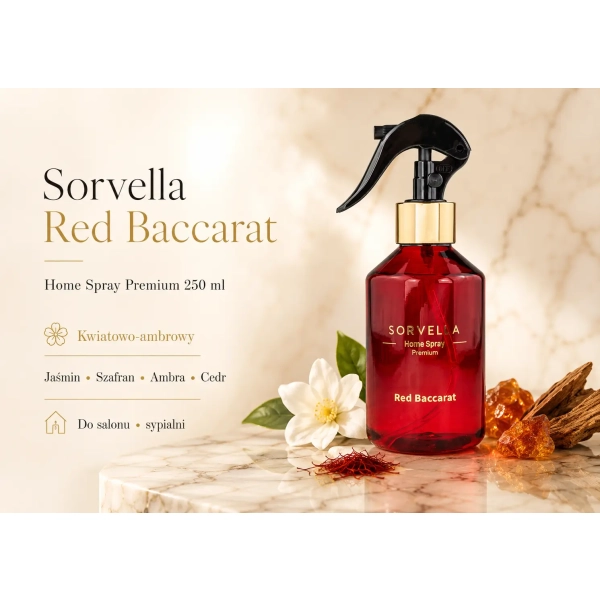 Sorvella Red Baccarat Home Spray Premium 250 ml czerwony spray zapachowy do wnętrz z atomizerem