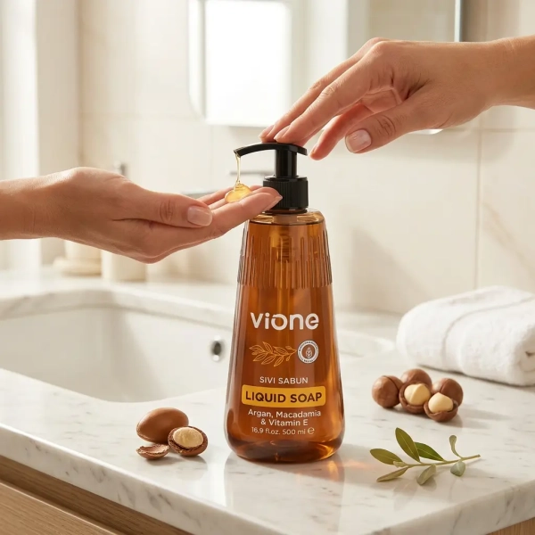 Vione Argan Macadamia Vitamin E 500 ml grafika informacyjna z korzyściami