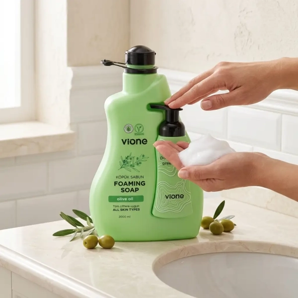 Dłoń naciska pompkę mydła w piance Vione Olive Oil 2000 ml przy umywalce