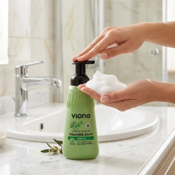 Vione Olive Oil mydło w piance 500 ml grafika informacyjna z korzyściami