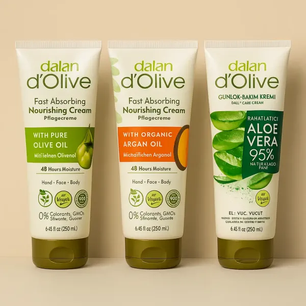 Zestaw 3 kremów Dalan d’Olive 250 ml – oliwka, argan, aloes – naturalne wegańskie kosmetyki
