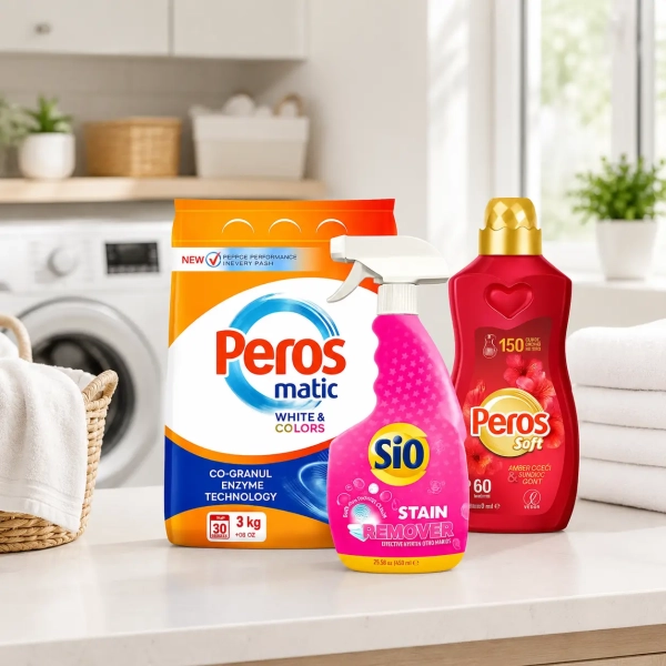 Zestaw Peros Sio do prania 3w1 proszek Peros 3 kg odplamiacz Sio i płyn Peros Soft