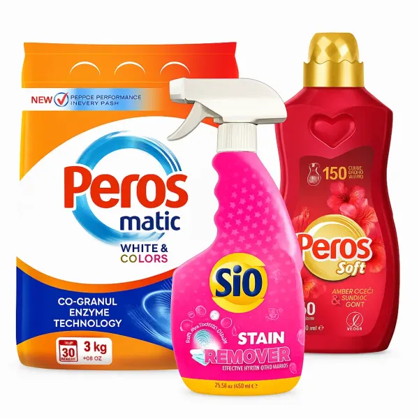Zestaw Peros+Sio: proszek 3 kg, odplamiacz, płyn